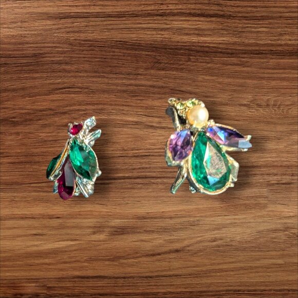 Vintage Bug-Inspired Rhinestone Brooch Set  Silver-Tone Purple Green Jewel Accen - Picture 2 of 10